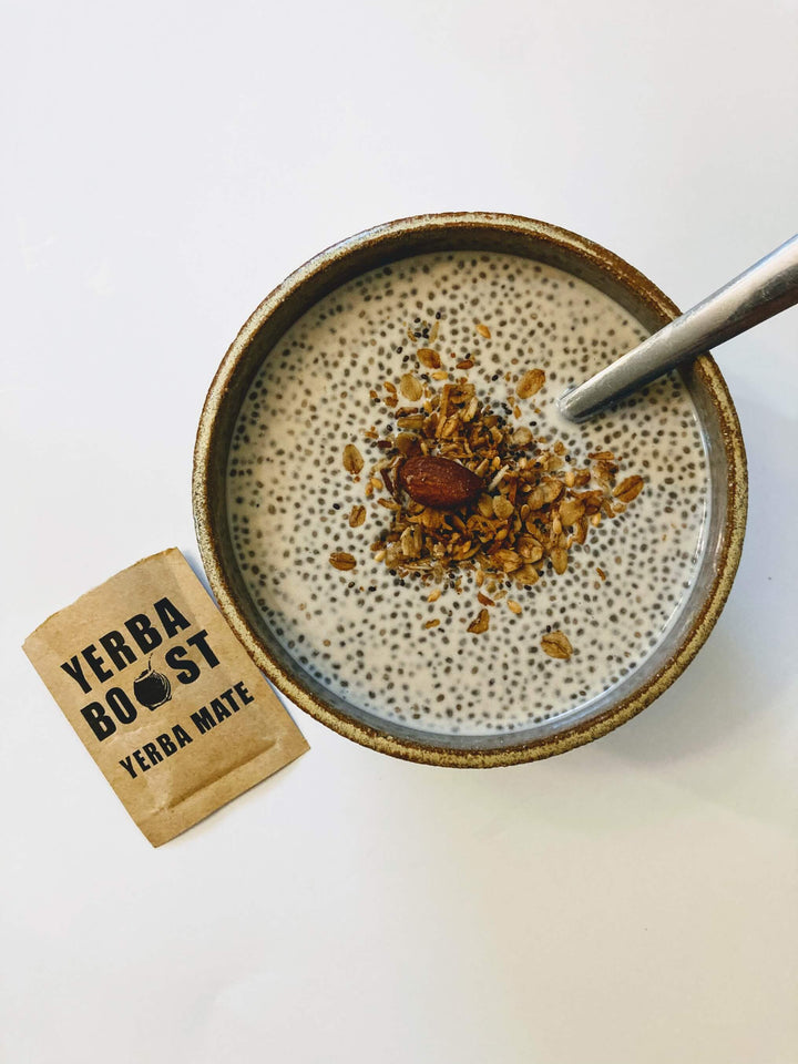 Yerba Boost Yerba Mate chia pudding with packet of Yerba Boost Yerba Mate